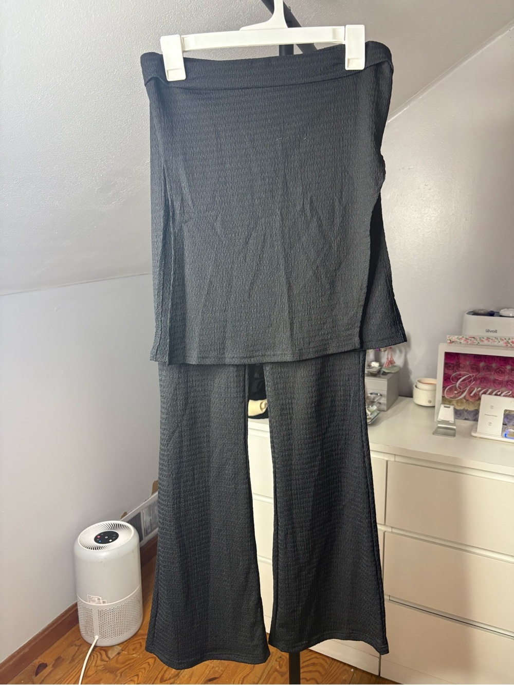 Women's Black Wide-Leg Knit Pants Jumpsuit Set